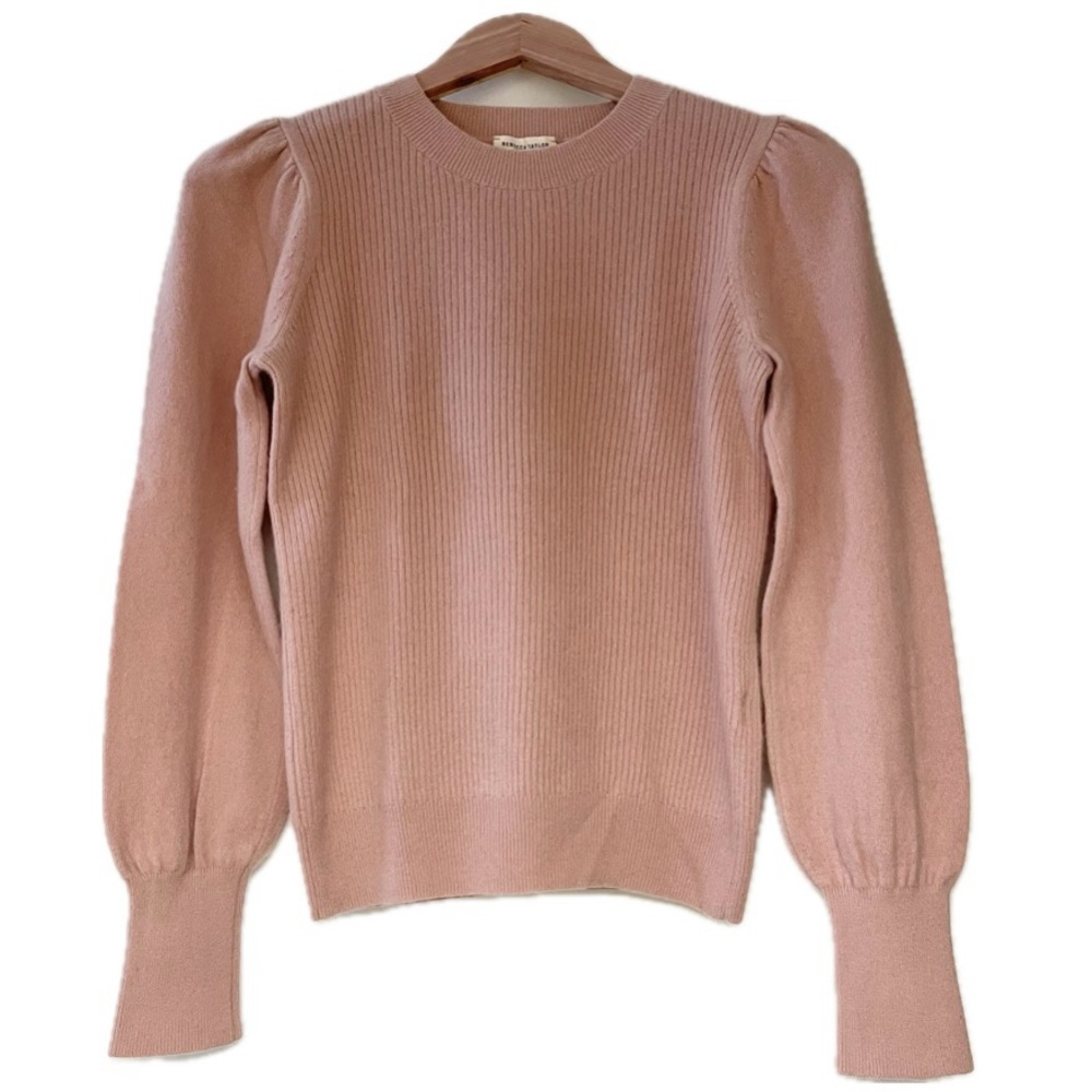 Rebecca Taylor Pink Mauve 100% Cashmere Crewneck Ribbed Puff Sleeve Sweater